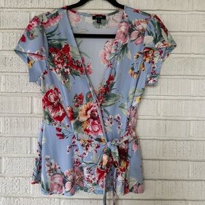 Floral Wrap Top in Light Blue and Red